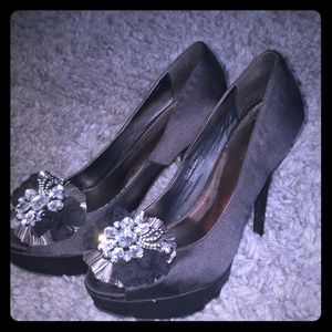 Black satin peep toe high heel sz 6.5